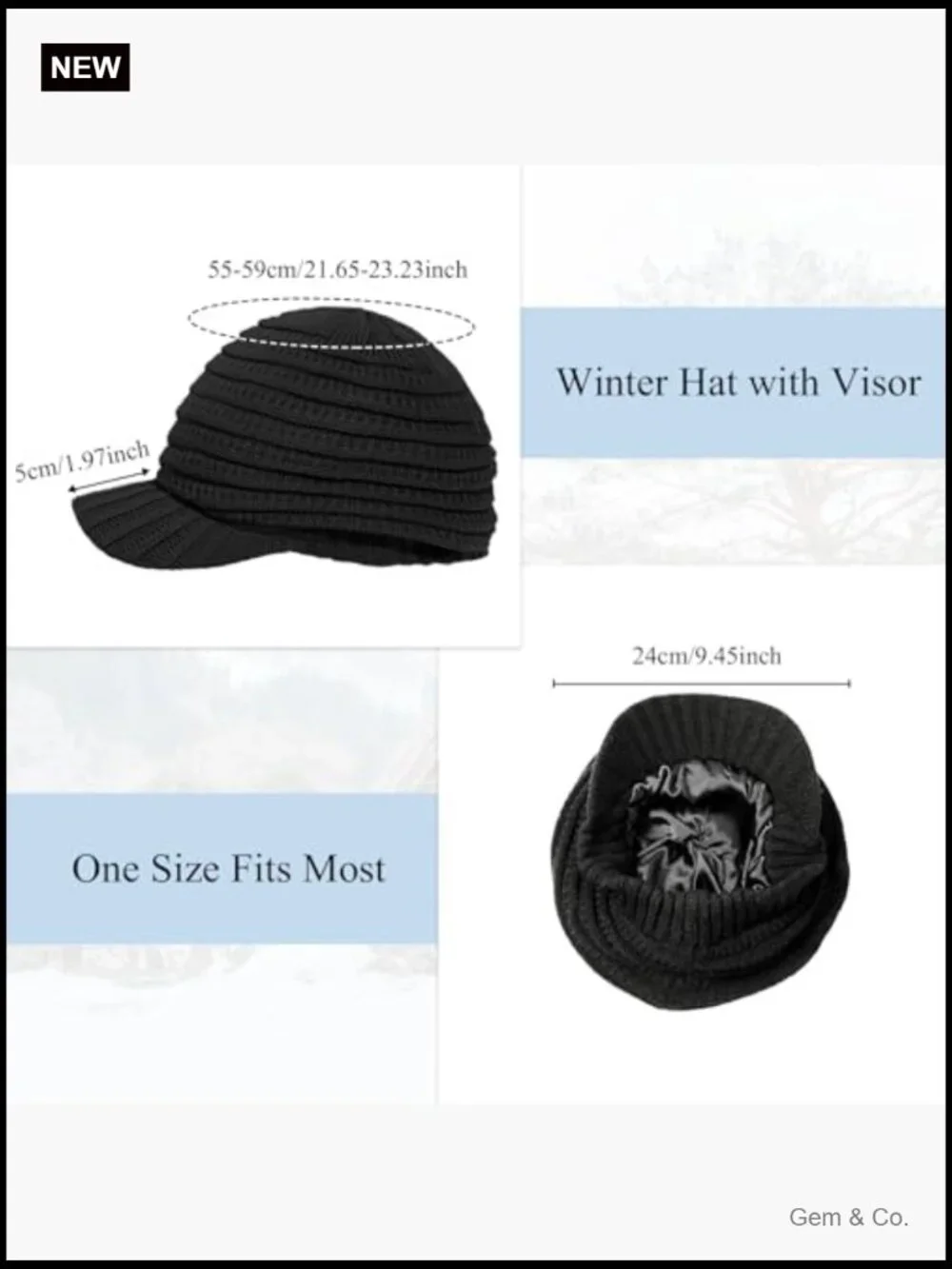 Satin Lined Knit Beanie Hat with Visor Brim Winter Warm Slouchy Newsboy Cap
